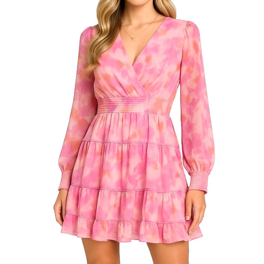 JAPNA Pink Blurred Watercolor PEASANT MINI DRESS Smocked Tiered TIE BACK sz XS